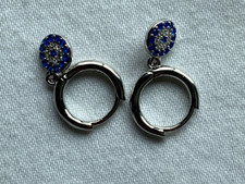 .925 Sterling Silver Sapphire Crystal Dangle Hoop Earrings - Small - Brand New