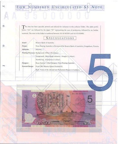 1995 Australia Deluxe $5 Folder AA95 006027 First Prefix Recolored Polymer issue - Picture 3 of 4