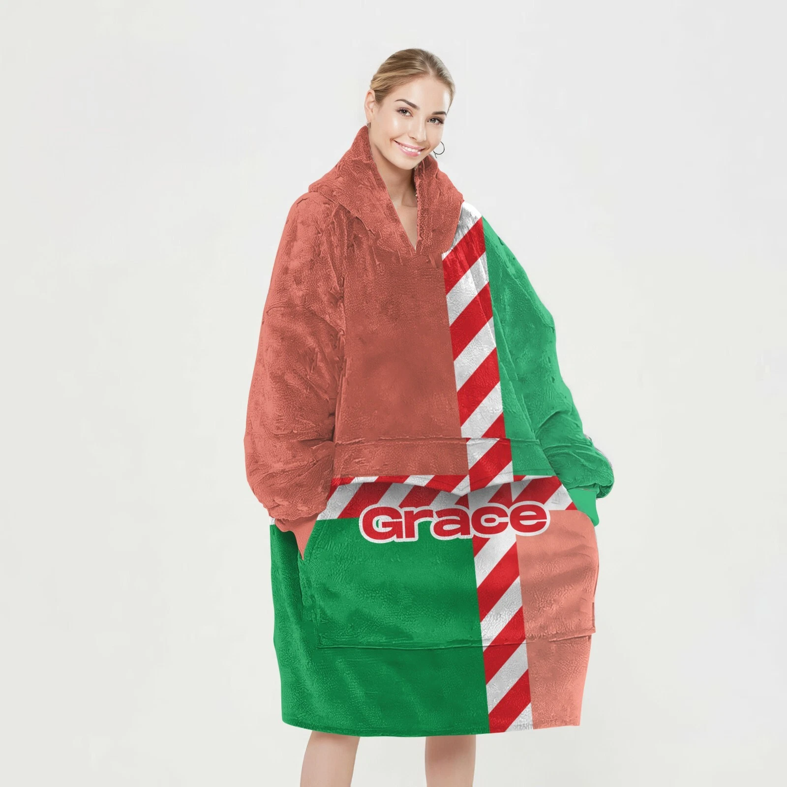 Personalized Blanket Hoodie Christmas Red Green Candy Cane Color Block