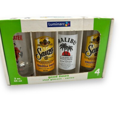 Shot Glass Set of 4 Barware Sauza Malibu Kahlua Beefeater 2oz  Original Box 