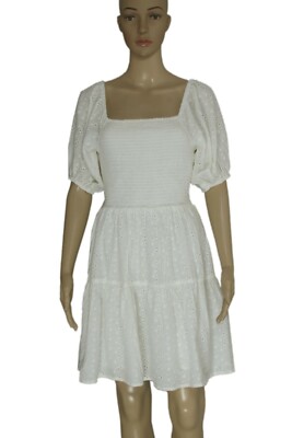 My Stic Threads Smocked Eyelet Embroidered Square Neck White Dress XS NEW