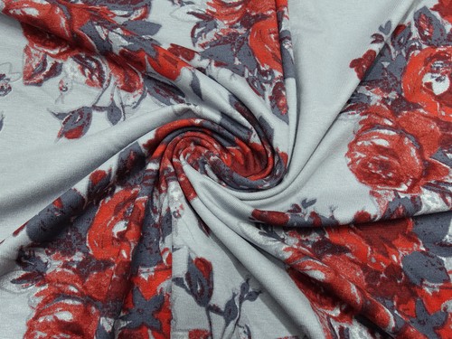 Stoff Viskose Jersey Blumen Rosen hellgrau grau rot Kleiderstoff - Bild 4 von 4