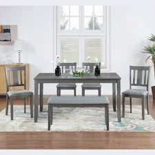 6-Piece Dining Set Gray,Rectangular Wood Table, 4 Chairs & Bench, Seats 6