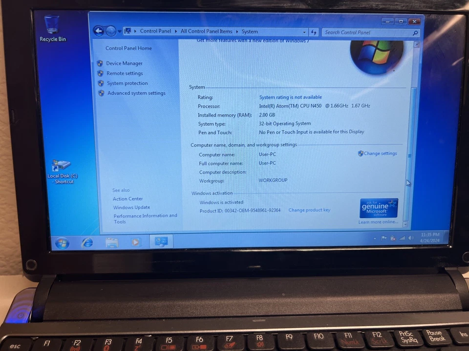 Gateway LT2104u Win 7 上网本笔记本电脑 10.1 英寸 250GB 硬盘 2GB Ram 英特尔 Atom N450 — 第 4/4 张图片
