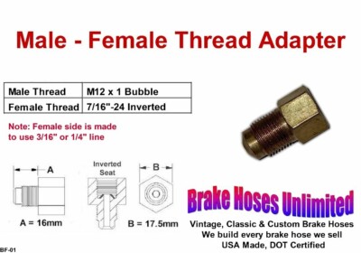 Brake Line Thread Adapter, Male M12 x 1 Bubble, Female 7/16'' x 24 Inverted