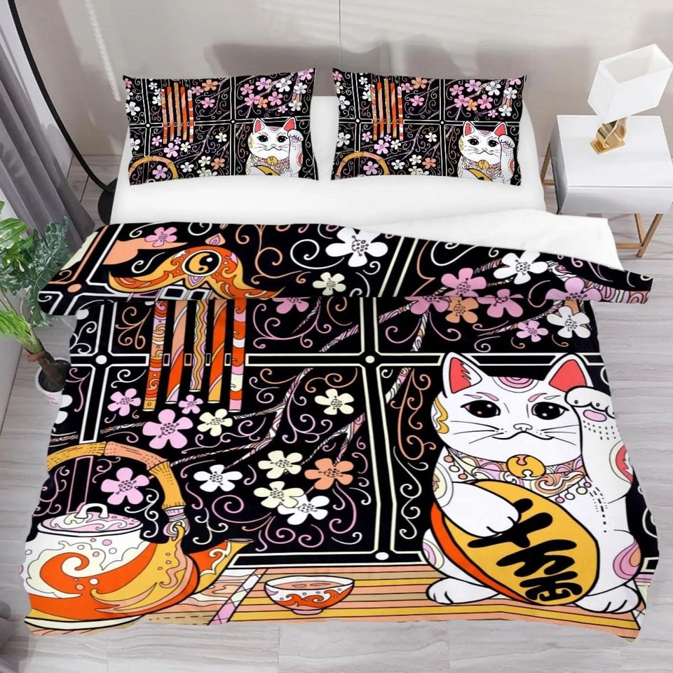 Japanese Fortune Cats Doona/Quilt/Duvet Cover Bedspread Bed Set Single