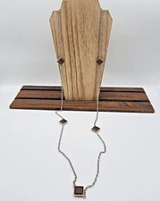 Etched Silver Cable Link Rope Necklace w Square Wooden Accents