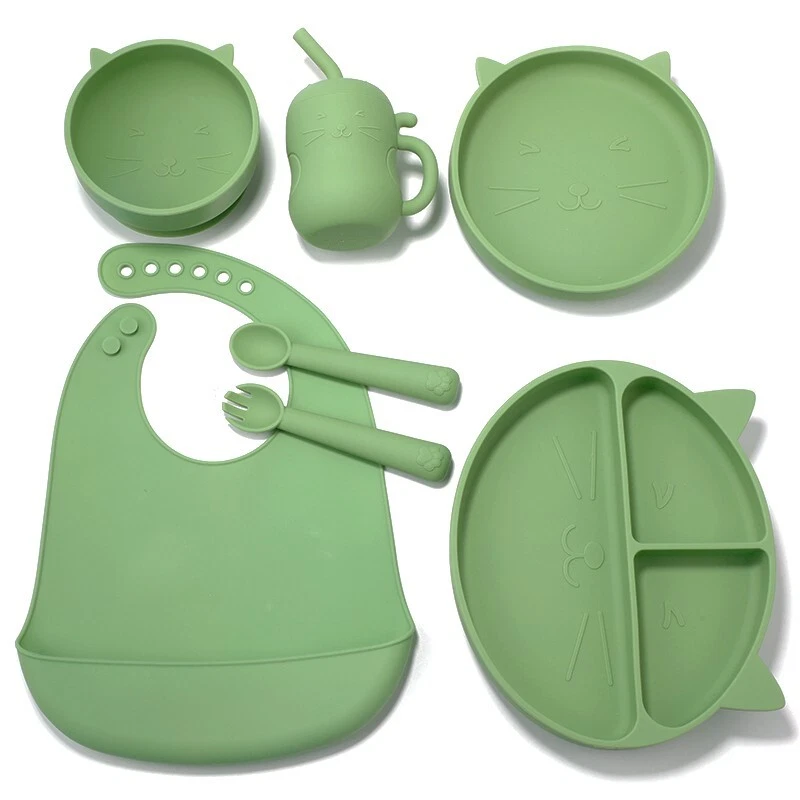 Silikon Geschirr Set BPAfrei Teller Tasse Löffel Gabel Lätzchen Rutschfest Baby - Bild 4 von 4
