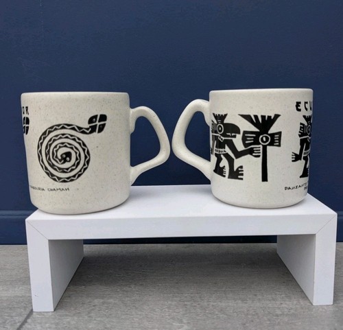 2 Vintage Rooan Roberto Cevallos Kaffee Tee Ecuador Steinzeug Tassen Schlange Azteken - Bild 5 von 13