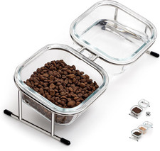 Elevated Cat Bowls, 15  Tilted Glass Raised Cat Food Bowl with Stainless Steel S