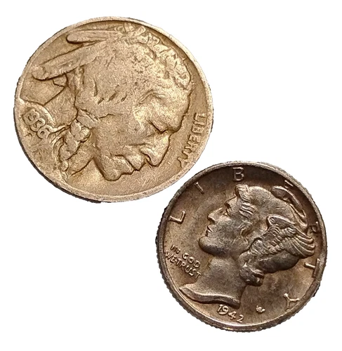 1936 Buffalo Nickel and 1942 dime- 5c Five Cents Good Condition C-15