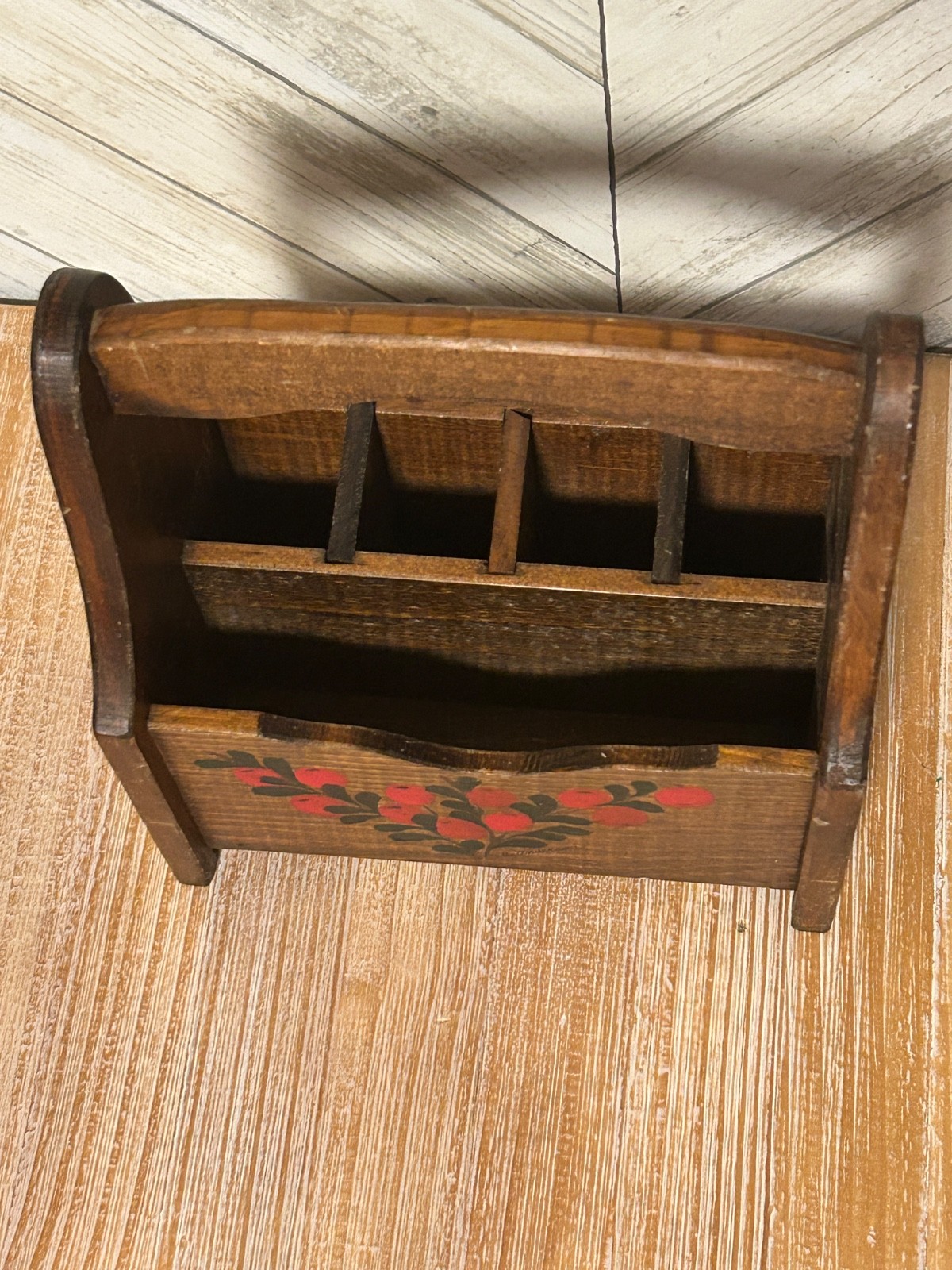 Vintage Wood Utensil Napkin Caddy Holder Wooden Box Farmhouse  8.5x10”