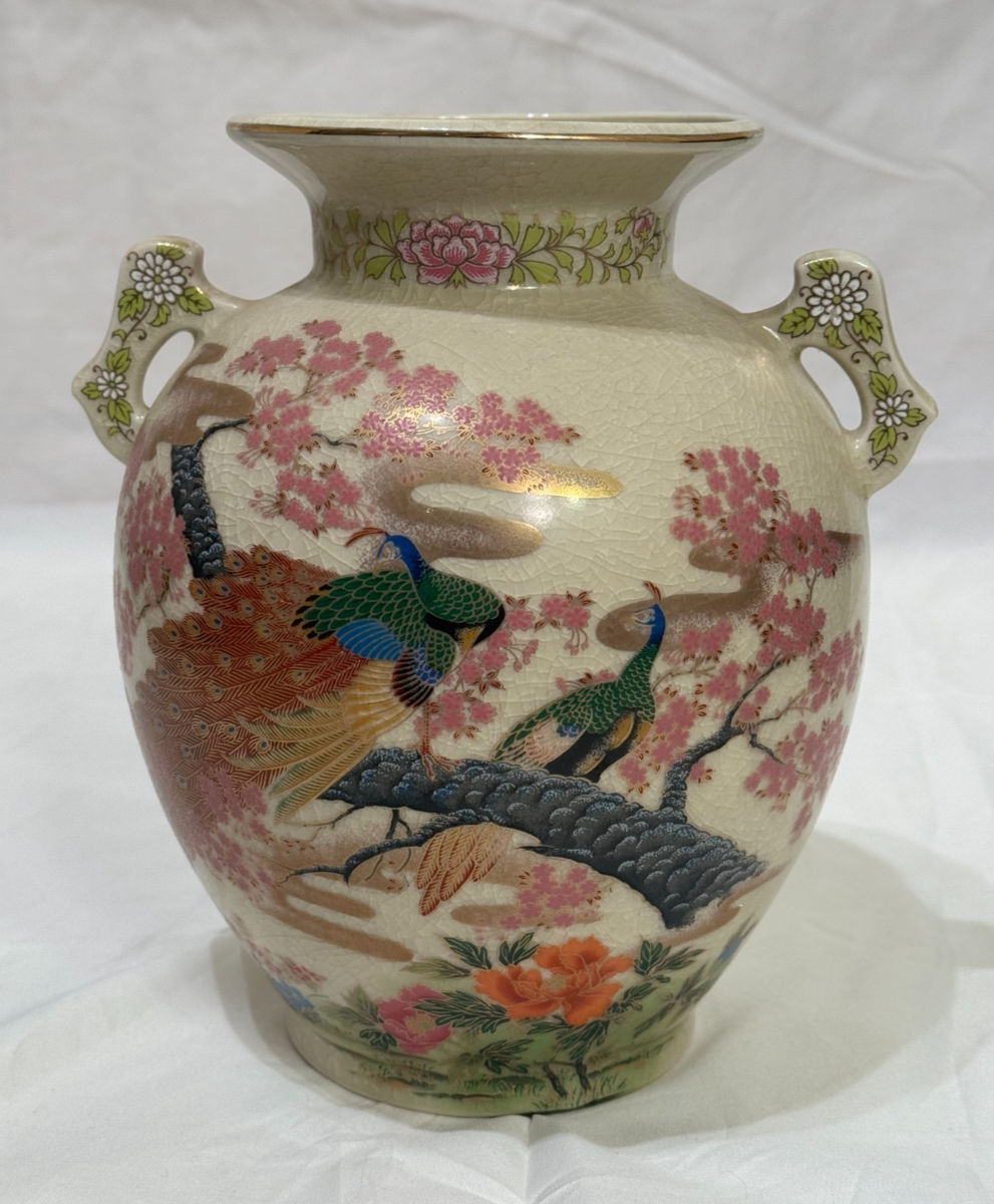 PEACOCK 2 PEACOCKS JAPANESE BIRDS FLORAL VASE ASAHI WARE JAPAN