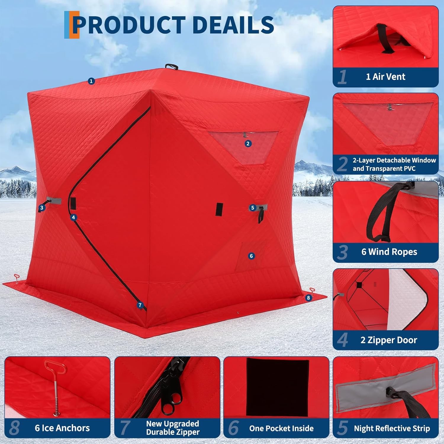 3-4 People Insulated Pop-Up Ice Fishing Shelter Windproof Portable Ice Shanty