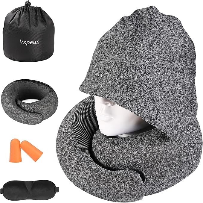Hooded Memory Foam Travel Pillow for Airplane in Dark Gray
