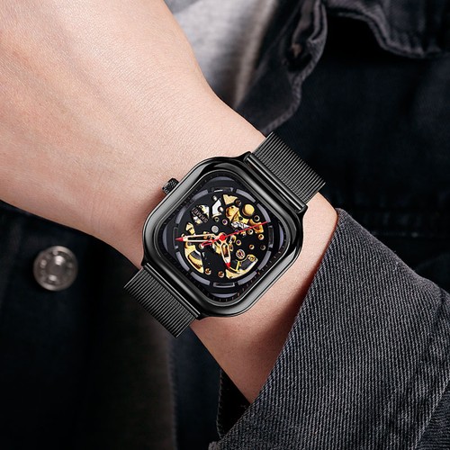 Reloj automático de acero inoxidable para hombre mecánico esfera ahuecada pulsera de malla - Imagen 11 de 17