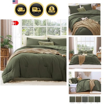 Queen Comforter Set - 3 Pieces Prewashed Olive Green Comforter Soft Lightweig...