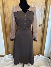 CSSPRING Brown Pink Midi Dress V-Neck Puff Sleeve Ruffle Button Tie L