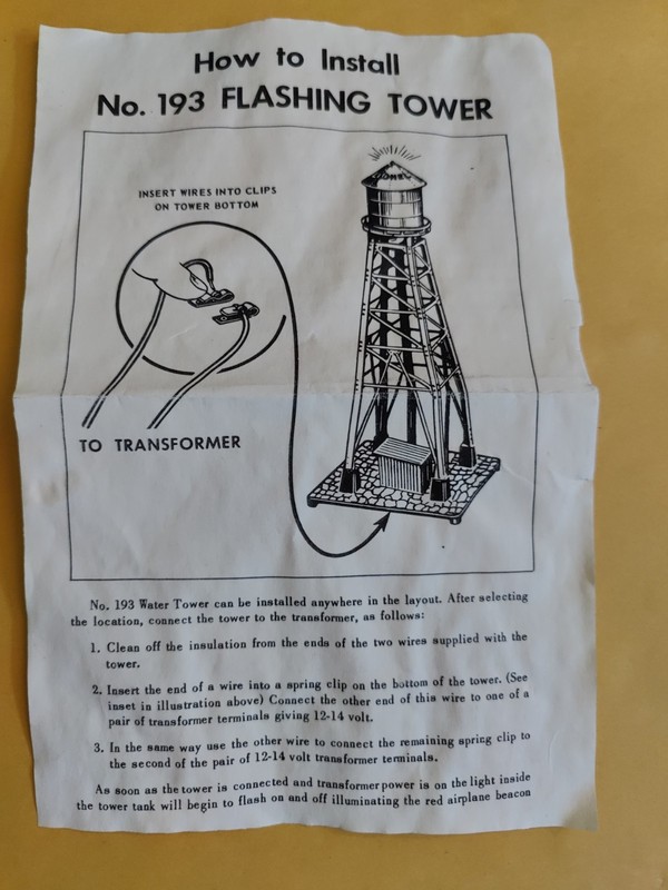 lionel 193 Flashing Industrial Water Tower Instructions Dated 6-53 very nice 