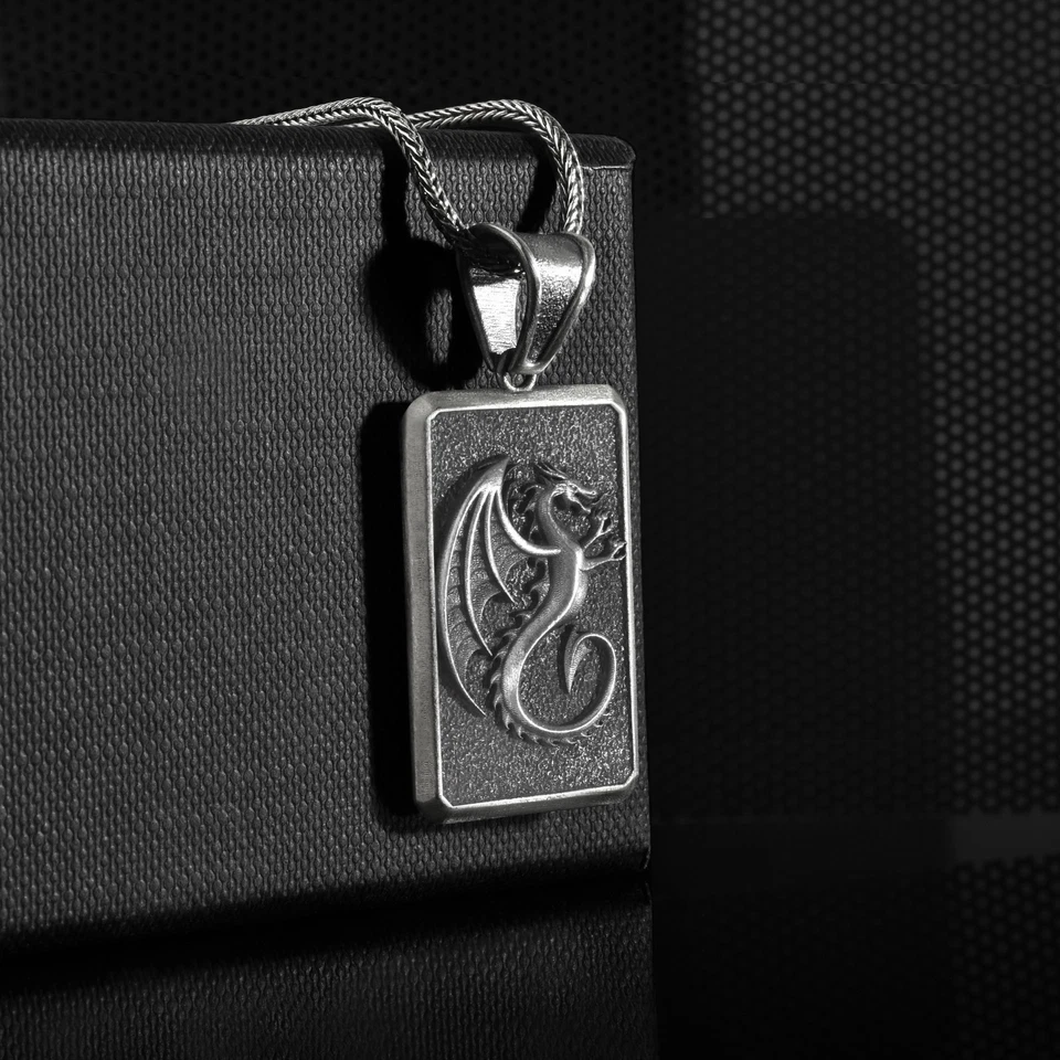 Collana in argento sterling drago alato, ciondolo fantasia inciso gioielli... - Immagine 3 di 4