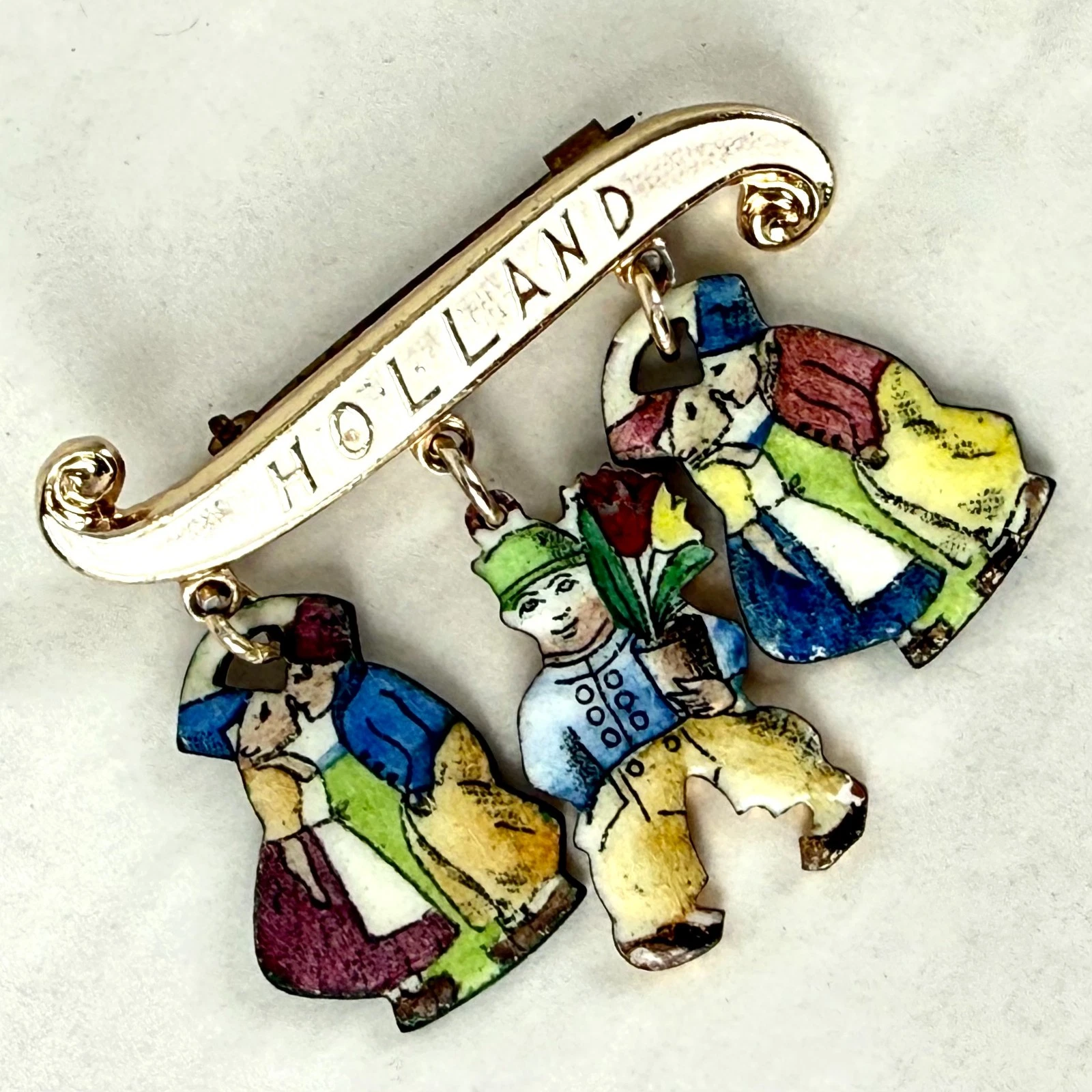 Antique Enamel Pin Holland Banner 3 Boys Girls Dangling Charms Souvenir Brooch