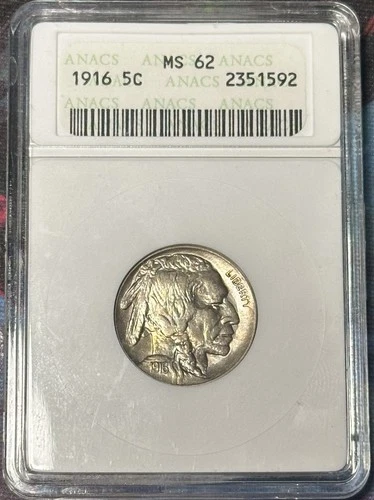 1916 Buffalo Nickel ANACS MS62 Lightly Toned in Old Soapbox Holder