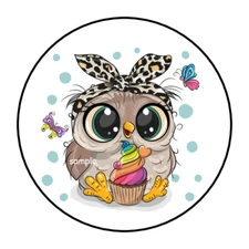 30 ADORABLE OWL WITH CUPCAKE STICKERS ENVELOPE SEALS LABELS 1.5" ROUND FAVORS