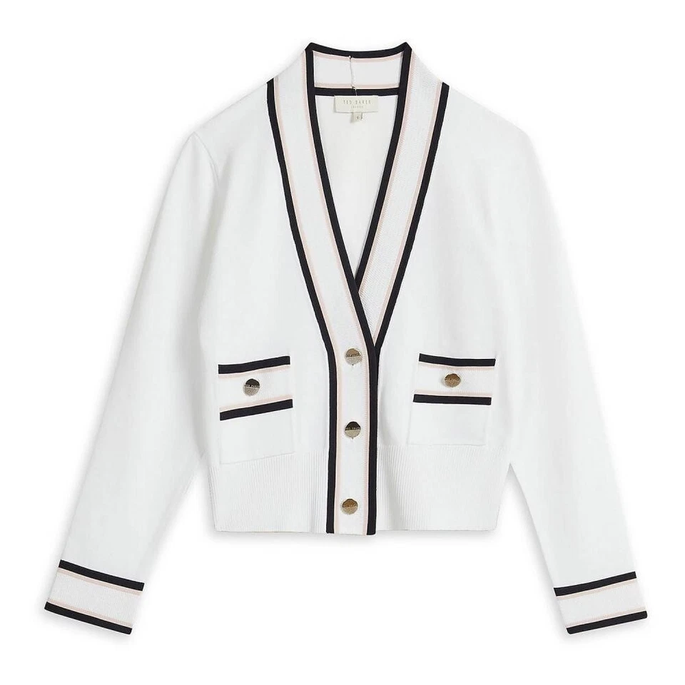 Suéter Top TED BAKER Blanco Azul Marino Rosa Cuello en V Novio Abotonado 4 TB = 12 US L Foto 2 de 4