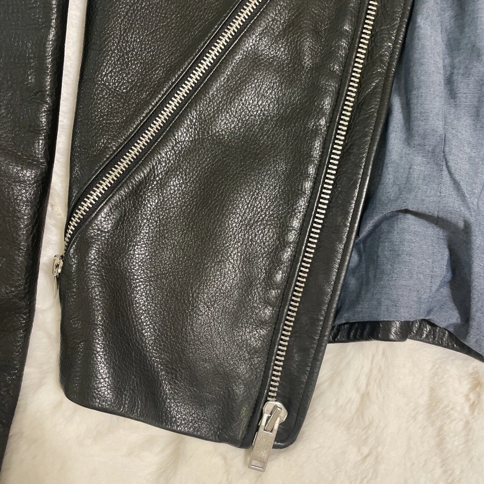 Chaqueta de cuero ajustada con detalle de cremallera bolsillos profundos forrados de cuero para motocicleta Foto 4 de 4