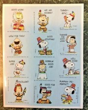 Vintage 80s Hallmark PEANUTS Thanksgiving Indian Pilgrim Sticker Sheet SNOOPY