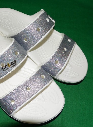 SANDALO UNISEX CROCS BAYA PLATFORM BIANCO CON GLITTER ARGENTO DONNA TAGLIA 7 UOMO TAGLIA 5 - Foto 2 di 8