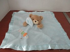 Small Wonders Blue TEDDY BEAR RATTLE LOVEY w/ embroidered HUGS Security Blanket
