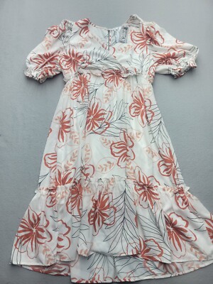 Ces Femme Women Dress XL Orange Empire Short Sleeve Midi Floral Polyester Party