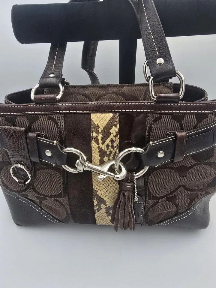 COACH HAMPTON SIGNATURE PYTHON STRIPE HANDBAG TASSLE KEY HOOK LOGO TAG