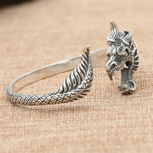 Echt massiv 925 Sterling Silber Armreif Armband Drache offen Armreif Modeschmuck - Bild 5 von 8