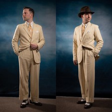 Vintage Men's Suits Linen Loose Fit Pant Causal Leisure Fit Business Formal Wear