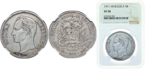 Venezuela 1911 5 Bolivars Silver 900 NGC VF 30