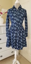 ASOS Navy White Floral Print Cotton Dress Buttons Down Collar Long Sleeve Sz.6