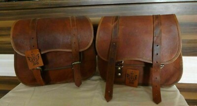 Brown Leather Motorcycle Side Pouch Saddlebags Saddle Bag Panniers 2Bags JMB TM