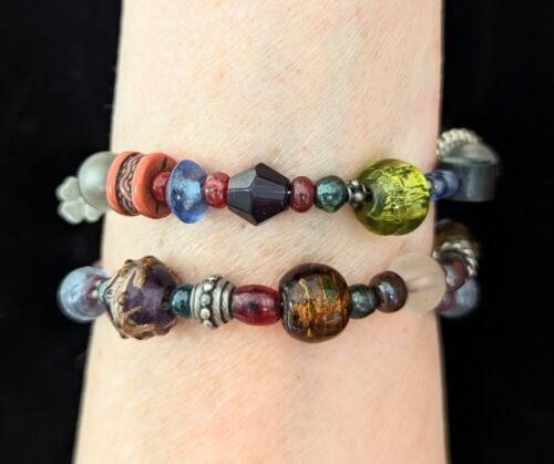 Vintage Art Glass Beaded Cuff Bangle Bracelet Multi Strand Memory Wire - Picture 2 of 4