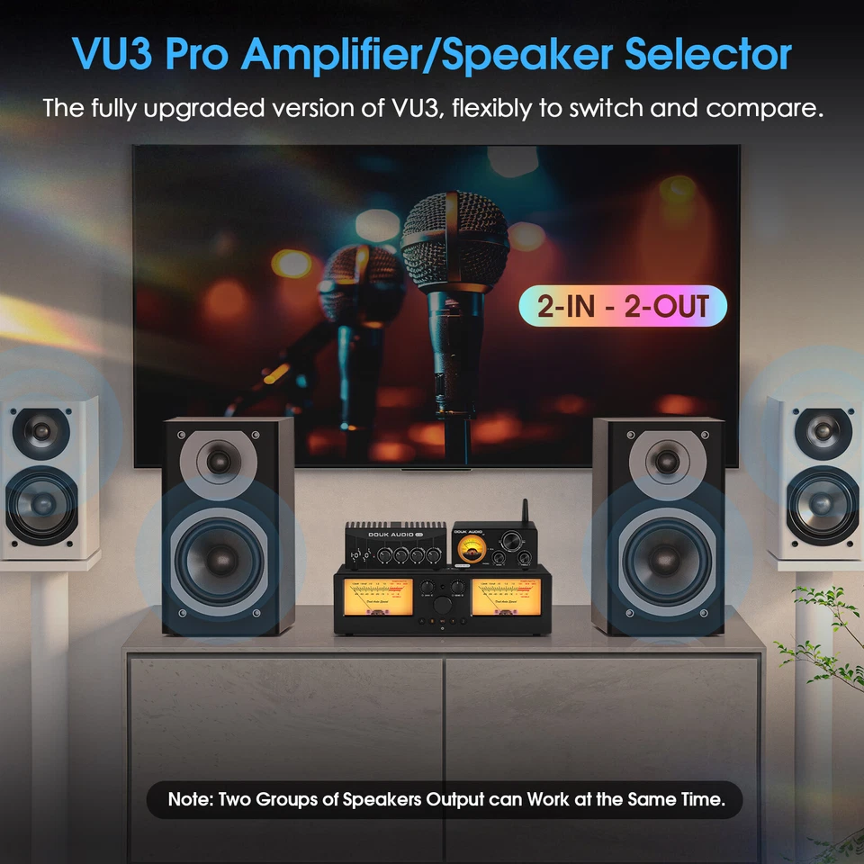 Douk Audio VU3PRO Amplificatore/Selezione Altoparlanti a 2 Zone con VU Meter - Immagine 3 di 4