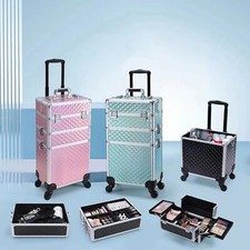 Rolling Makeup Case Artist Cosmetic Train Case Aluminum 3-In-1 Makeup Trolley