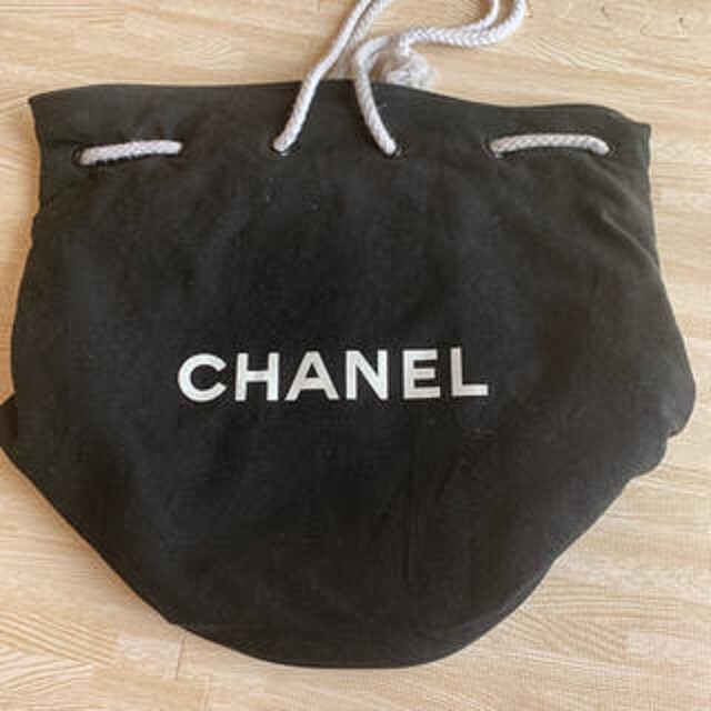 Authentic CHANEL Logos Drawstring Bag Canvas Vinyl Bl… Gem
