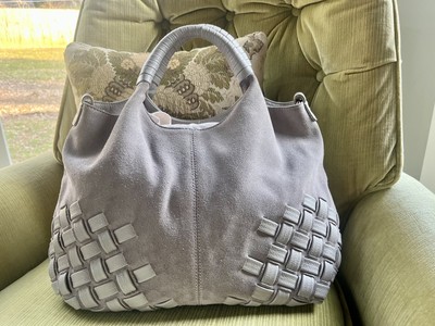 Moda Luxe London Gray Suede Large Satchel Bag Purse Basket Weave