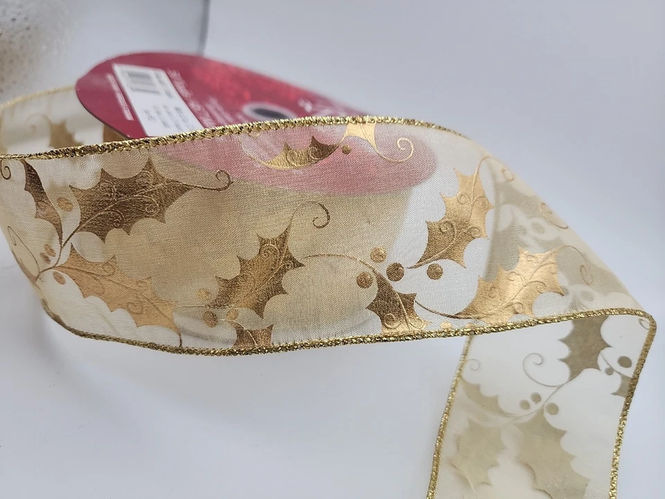 Kirkland Wire Edge Ribbon Lot 2 Rolls Gold Stripe & Holly ~50 Yds Total Crafts - Image 3 of 4