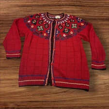 Vintage 1992 Susan Bristol Hand Knit Cardigan Sweater Red Floral L Christmas