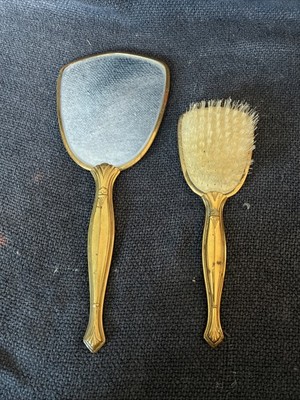 Vintage Brush & Mirror Set Gold Tone With Gold Flicks Brocade Backing W/ Plastic