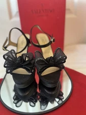 Valentino Garavani Black Mesh Bow Platform Sandals Size 37.5 – Made in Italy