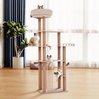 68'' Large Cat Tree, Solid Wood Multi-Level Cat Tower with Scratching Posts, F...