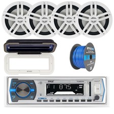 Pyle Bluetooth USB Marine Radio, Cover, 4x 6.5" Marine Speakers, 50FT Wiring